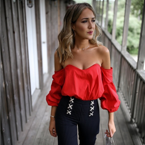 Caroline Constas Red Gabriella Off the Shoulder Top - Picture 1 of 10